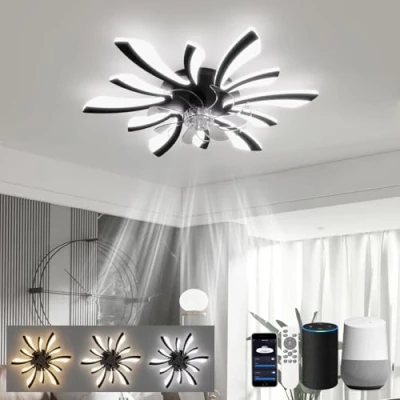 Image of LJX Ceiling Fans with Lamps and Remote 78cm LED Lights Work Alexa Google Assistant Silent Timer 6 Speed Reversible Fan Lighting for Bedroom Living Room, Black