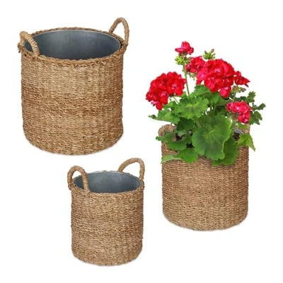 Image of Relaxdays Planter Basket with Zink Set of 3, Various Sizes, Seagrass Container, Garden &amp; Balcony, Round Tub, Natural, Plant fibre, 42 x 37 cm