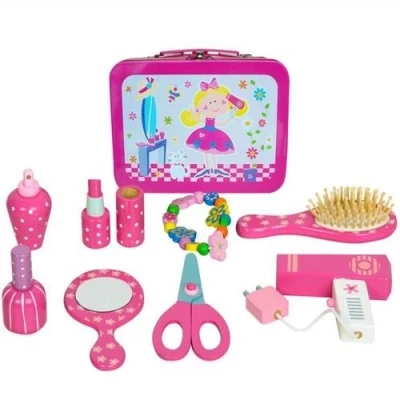 Image of Wooden Childrens Hairdressers Vanity Case Beauty Set In Tin Carry