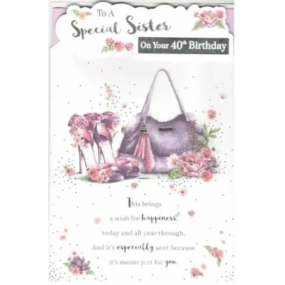 Image of To A Special Sister On Your 40th Birthday Card Age 40 Forty Purple Bag/Shoes 3D/Glitter/Foil Detail(PRELUDE43009)