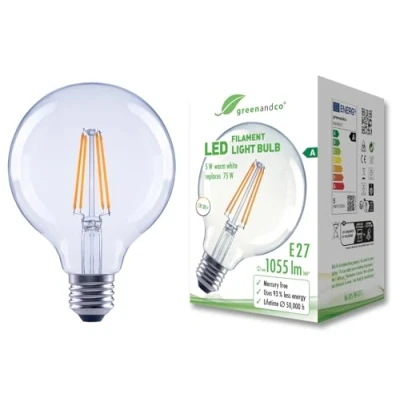 Image of greenandco Clear LED Filament Bulb E27 G95 5W 1055lm Replaces 75W 2700K Warm White 320 230V Flicker Free Energy Class A Non Dimmable