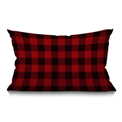 Image of BGBDEIA Buffalo Plaid Cushion Cover Classic Lumberjack Red and Black Linen Fabric for Couch Bed Sofa Car Waist Throw Pillow 12 x 20 inch Case 30 50 cm