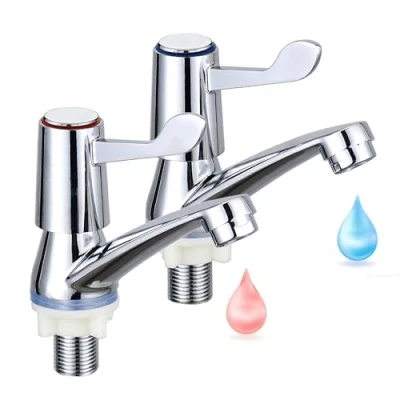 Image of Chrome Lever Basin Taps, Pair of Bathroom Sink Taps for &amp; Kitchen, Plated 2 Hot Cold Set Mixer Tapes ¼ Turn and Water Tap