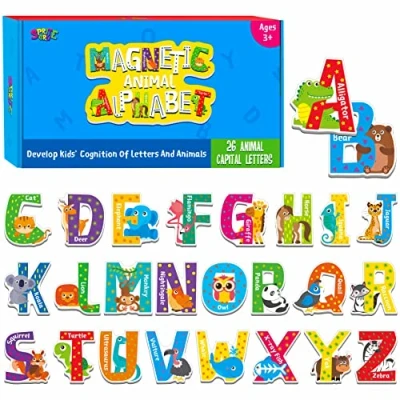 Image of 26 Magnetic Alphabet, Uppercase Letters with Adorable Zoo Animal Alphabet ABC Fridge Magnets Educational Spelling Learning Games Toys Set for Kids, Toddlers 3 4 5 Years Old