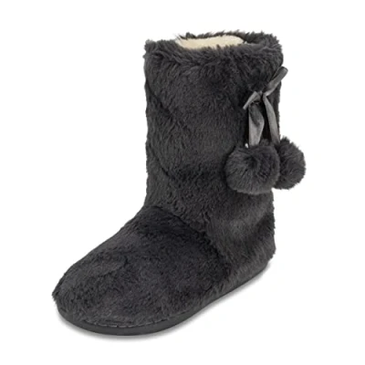Image of Polar Womens Faux Fur Slipper Boots Memory Foam Indoor Bootie with Anti Slip Rubber Sole Soft and Fluffy House Cute Pompoms Ankle Boot Slippers Dark Grey AYC0897/UK4