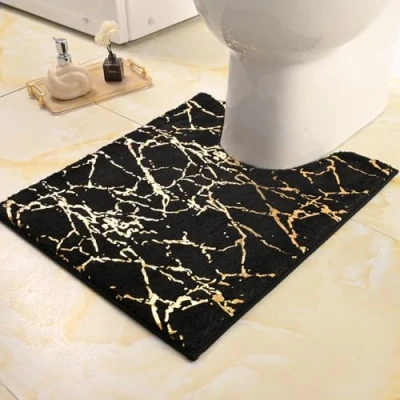 Image of QJHOMO Bath Mat Non Slip Washable Toilet with Cut Out Black Bathroom Rug Gold Decorative Luxury Accessories Soft Microfibre Absorbent 50 x cm