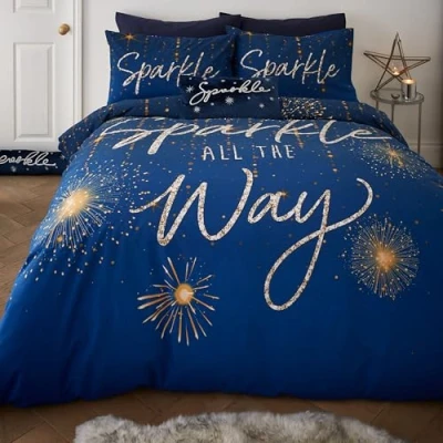 Image of Catherine Lansfield Christmas Sparkle Reversible Double Duvet Cover Set with Pillowcases, Navy Blue