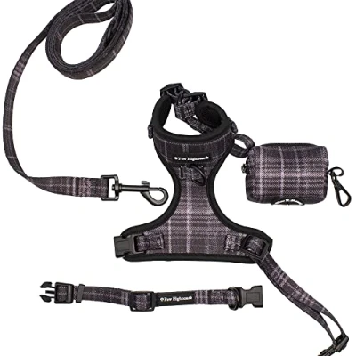 Image of Paw Highness Dog Walking Harness, Collar, Leash &amp; Poo Bag Holder Set in Black Tartan Extra Small