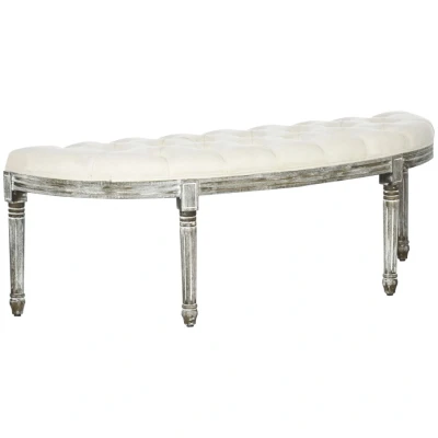 Image of HOMCOM Half Circle End Bench Ottoman Footstool Tufting Padded Seat Brushed Wood Base Antique Accents Home Furniture Cream White