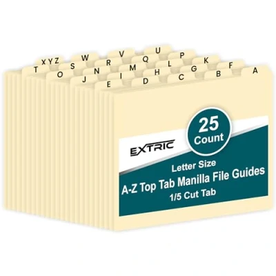 Image of 25 Alphabet Dividers Letter Size File Dividers, Heavyweight Manila Guides A Z 1/5 Cut Tab Positions Cabinet and Desk Organizer