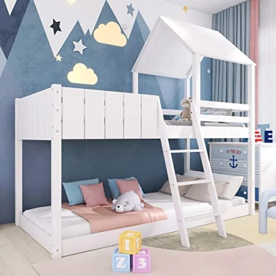 Image of ModernLuxe Wooden Bunk Bed, 3FT Loft Bed with Ladder &amp; Guard Rail, Mid Sleeper Cabin Frame, Treehouse Canopy, Space Saving Design for Kids, White, 90x190cm (Mattress Not Included)