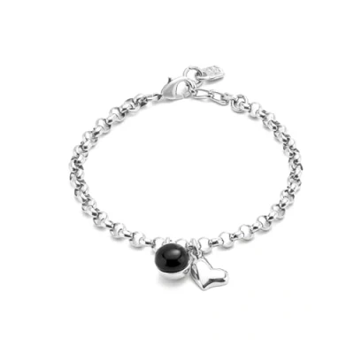 Image of Uno de 50 Chain Bracelet Black Murano Glass Heart Pendant Sterling Silver Plated Handcrafted Jewellery Made in Italy, Median, Glass, No Gemstone, Mediano, Gemstone