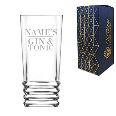 Image of Personalised Engraved Novelty Elegan Ridged Hiball Tumbler Name&#039;s Gin and Tonic Gift Boxed