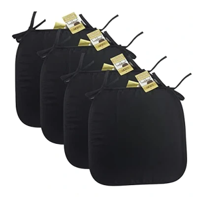 Image of Axcent Comfort Cushion Chair Seat Pads Set of 4 Black 38 x cm, Plain Dining with Ties for Indoor Outdoor Home Office Kitchen Garden