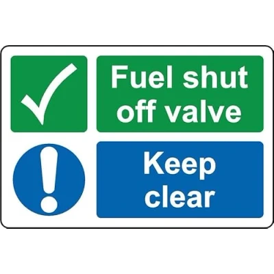 Image of Fuel shut off valve keep clear Safety sign Self adhesive sticker (150mm x 100mm)
