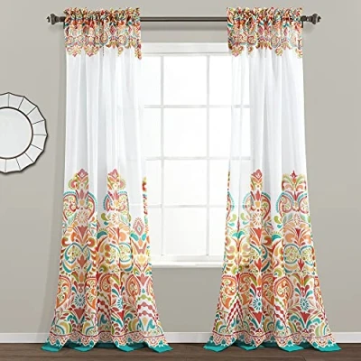 Image of Lush Decor Clara Sheer Curtains Paisley Damask Print Bohemian Style Light Filtering Window Panel Set for Living, Dining, Bedroom (Pair), Panel, Turquoise &amp; Tangerine