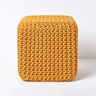 Image of HOMESCAPES Mustard Knitted Cube Footstool Bean Filled 100% Cotton for Living Room Children or the Elderly