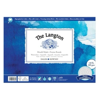Image of Daler Rowney The Langton Watercolour Paper, Rough, 300 gsm, 140lb, Pad, Glued 4 Sides, 14 x 10in 35.6 25.4 cm, Natural White, 12 Sheets