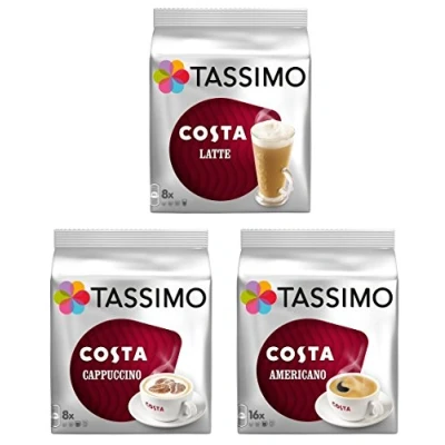 Image of Tassimo 3 Costa Variety Bundle Latte , Americano and Cappuccino Coffee (32 Servings Total)