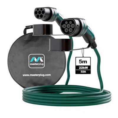 Image of Masterplug Mode 3 EV Fast Charging Cable with Carry Case, Three Phase, Electric and Plug in Hybrid Vehicle Car Type 2 to 2, 5 Metre Cable, 22kW, 32A, EVC22325TL/CASE