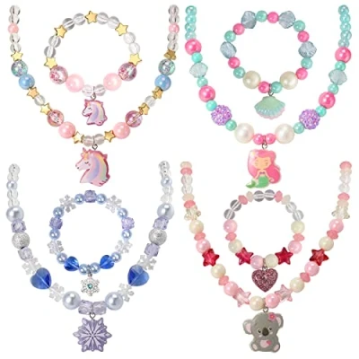 Image of Pinkgarden Beaded Necklace and Beads Bracelet for Kids, Little Girls Jewelry Sets, Favors Bags Girls, 4 Sets