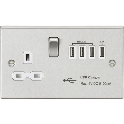 Image of KnightsBridge 13A switched socket with quad USB charger (5.1A) brushed chrome white insert