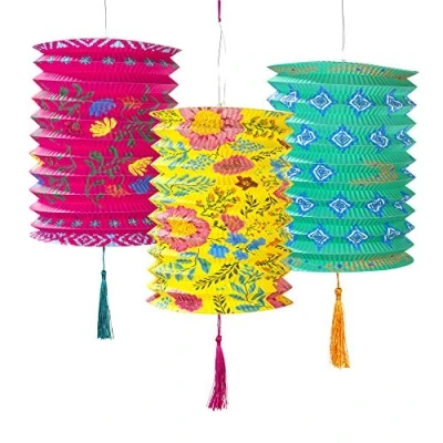 Image of Talking Tables PAPERLANTERN Pack of 3 Chinese Tassels Pink, Yellow &amp; Blue Hanging Decorations for Birthday, Mexican Fiesta, Garden Parties, Encanto Theme, Boho Paper Lanterns 3PK