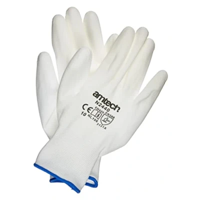 Image of Amtech N2440 Light Duty PU Coated Work Gloves XL (Size 10), Certified Quality for Craft, Assembly and Packing, White
