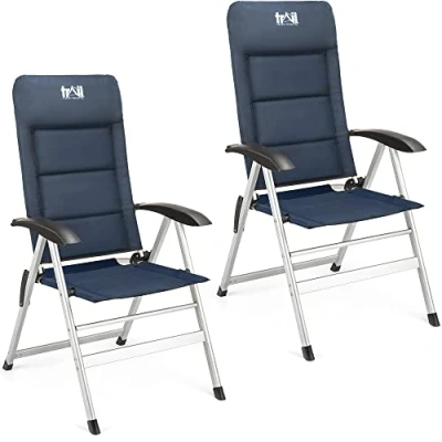 Image of Trail Reclining Camping Chair Folding Aluminium Recliner Sponge Padded (2 x Black &amp; Blue Chairs)