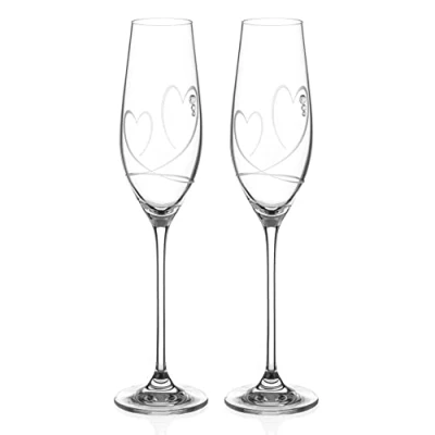 Image of DIAMANTE Swarovski Champagne Flutes Prosecco Glasses Pair with ‘Two Hearts’ Design Embellished Crystals