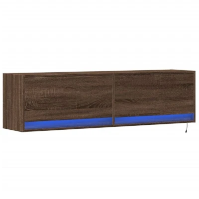Image of vidaXL Brown Oak TV Wall Cabinet with LED Lights Floating Unit Engineered Wood 140 x 31 38 cm