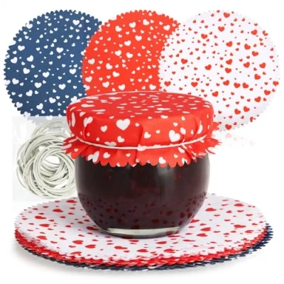 Image of COM FOUR® 30x Decorative doilies for Preserving Jars jam with Rubber Bands Decoration Glass Decorating (30 Pieces Blue/red/White)