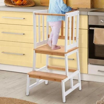Image of COSYLAND Kitchen Nursery Step Stool for Kids Toddlers Children,Standing Tower Counter, Mothers&#039; Helper Learning Stool,Made of Natural Solid Bamboo Natural&amp;White