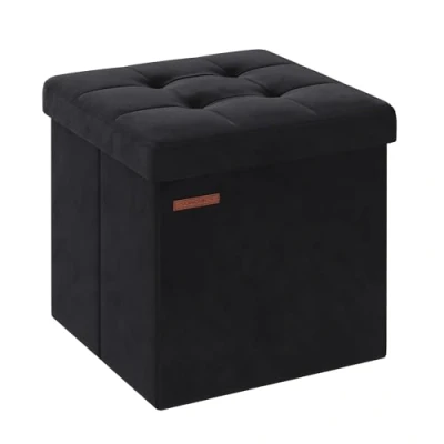 Image of SONGMICS Storage Ottoman, Foldable Small Ottoman Foot Rest, 38 x cm Stool, with Storage, Load up to 300 kg, for Living Room, Bedroom, Dorm, Ink Black LSF227B51