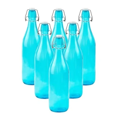 Image of simpa 1 Litre Traditional Vintage Style Glass Bottles with Swing Top Lids Set of 6 Blue Bottles.