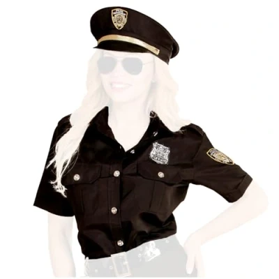 Image of com four® policewoman costume blouse and hat NY Police Officer for carnival, theme party, Halloween or carnival size XL black (Policewoman XL)