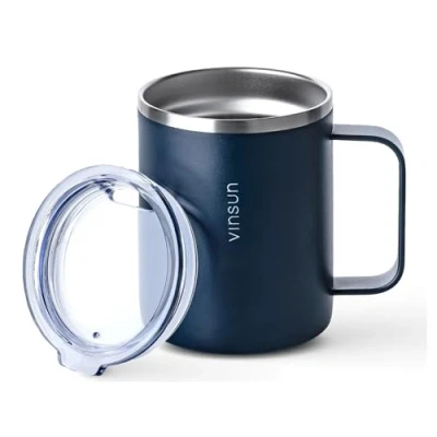 Image of Vinsun Travel Mug with Handle 350ml Coffee Cup to go, Stainless Steel Thermal Mug, Transparent Lid Drinking Opening Insulated for Traveling, Outdoor, Camping