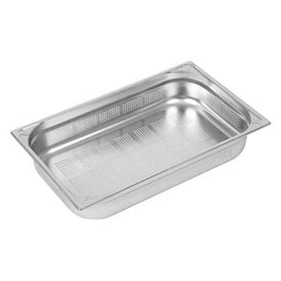 Image of Vogue DW462 304 Stainless Steel Heavy Duty Perforated 1/1 Gastronorm Pan, 13.5L Capacity, 100mm x 325mm 530mm, Silver
