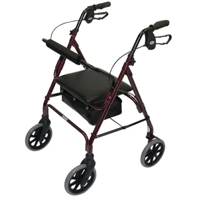 Image of Days Lightweight Folding Four Wheel Rollator Walker with Padded Seat, Lockable Brakes, Ergonomic Handles, and Carry Bag, Limited Mobility Aid, Ruby Red, Medium