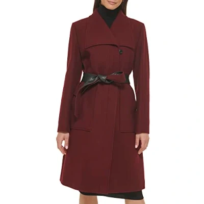 Image of Cole Haan Women&#039;s Belted Coat Wool with Cuff Details, Burgundy, 12