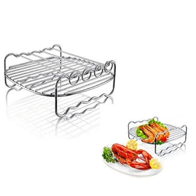 Image of Air Fryer Rack, Multi purpose Double Layer Rack with Skewers, Heat resistant Metal Cooking Dishwasher Safe Holder for XL Philips Airfryer (φ17.8cm square)