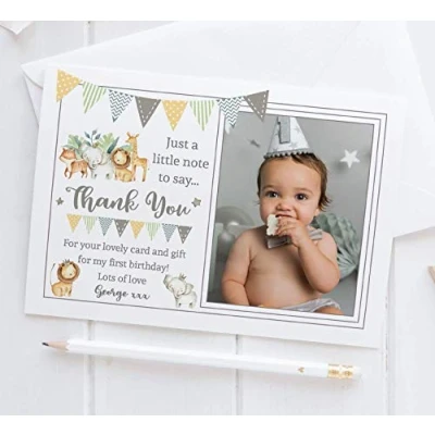 Image of 10 Personalised Elephant Thank You Cards Jungle Birthday Kids Photo 1st