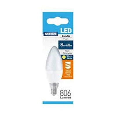 Image of 8w Led Energy Saving Candle Lamp 806 Lumens 60w Light Output SES/E14 Cap Pearl Warm White 2700k A+ Instant Start 20,000 Hours