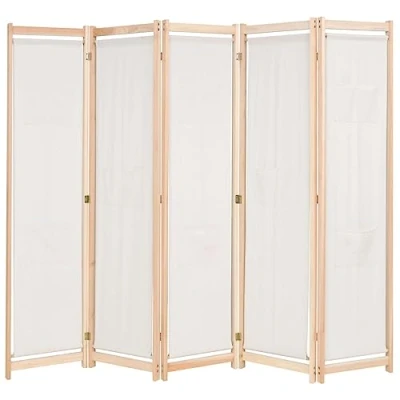 Image of vidaXL 5 Panel Room Divider in Cream, Freestanding Fabric and Solid Wood Partition Screen for Bedroom, Living Privacy Decorative Solution, Foldable Easy to Store, 200x170x4 cm