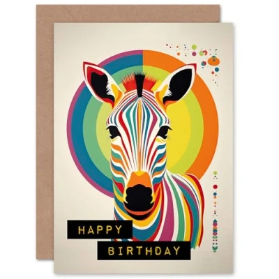 Image of Artery8 Birthday Rainbow Zebra Bauhaus Funky Modern For Him Her Blank Inside Greeting Card