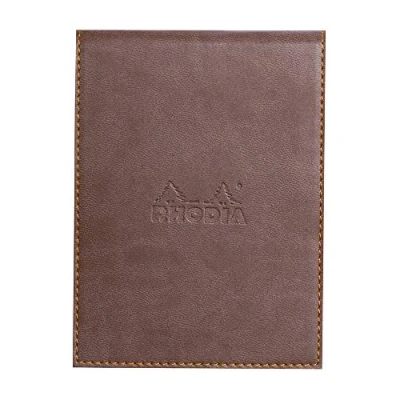 Image of RHODIA 128203C Clipboard Case + Stapled Notepad N12 Chocolate 8.5x12 cm Lined 80 Detachable Sheets 80G White Clairefontaine Paper Pencil Holder Faux Leather Rhodiarama Collection