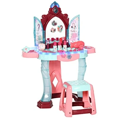 Image of AIYAPLAY 31 Pieces Kids Dressing Table Set with Magical Princess Mirror, Music Lights, Makeup Accessories, Hair Dryer, Chair, Drawer for Ages 3 6 Years