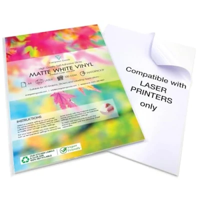 Image of Evergreen Goods™ 100 Sheets A4 Self Adhesive Matte White Sticker Vinyl Laser Printable ONLY Waterproof Sticky Suitable for Cricut &amp; Silhouette