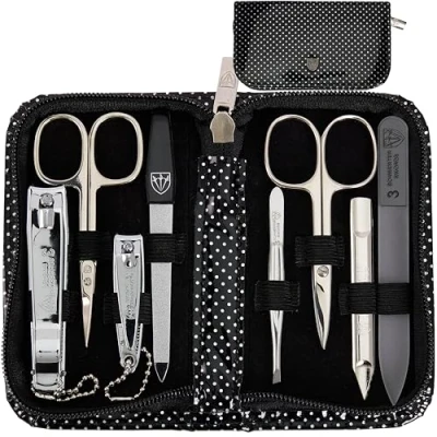 Image of 3 Swords Germany brand quality 8 piece manicure pedicure grooming kit set for professional finger &amp; toe nail care scissors clipper fashion leather case in gift box, Made by (000446)