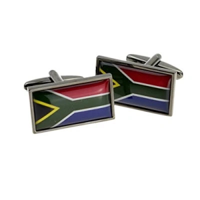 Image of South African Flag in Gunmetal Frame Cufflinks a Black Leatherette Box X2N9958 SA XCBOX